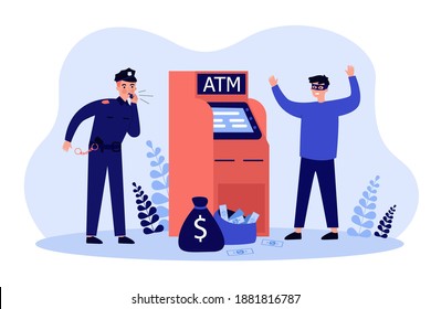 Fraud attacking ATM. Police man catching criminal in mask at cash machine. Vector illustration for security technology, banking, burglary, threat concepts