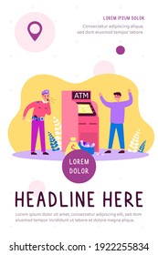 Fraud attacking ATM. Police man catching criminal in mask at cash machine. Vector illustration for security technology, banking, burglary, threat concepts