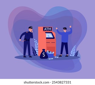 Fraud attacking ATM. Police man catching criminal in mask at cash machine. Vector illustration for security technology, banking, burglary, threat concepts