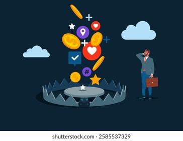 Fraud concept. Donation and charity trap. Bear trap and pile of gold coin, money. Flat vector illustration