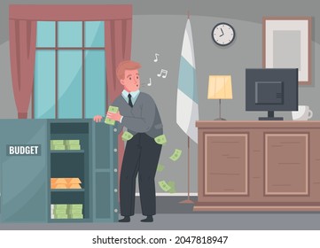 Fraud Corruption Crime Budget Money Laundering Cartoon Composition With Government Official Taking Banknotes From Safe Vector Illustration