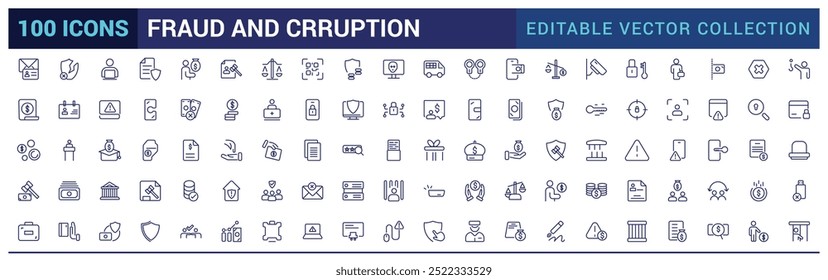 Conjunto de iconos de fraude y corrupción. Iconos de línea de crimen de dinero. Iconos de línea de robo, delito y delito fiscal. Fraude y dinero en efectivo.