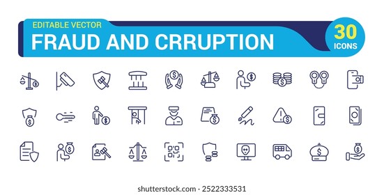 Symbol für Betrug und Korruption. Symbole der Geldkriminalitätslinie. Phishing-Raub, Kriminalität und Steuerstrafverfolgungssymbole. Betrug und Geldbörse.