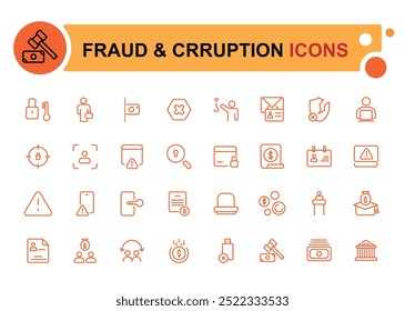 Conjunto de ícones de fraude e corrupção. Ícones da linha de crime monetário. Ícones de linha de roubo de phishing, crimes e infrações fiscais. Fraude e dinheiro em carteira.