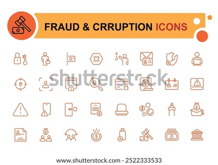 Fraud and crruption icon set. Money crime line icons. Phishing robbery, crime and tax offense line icons. Fraud and wallet cash.