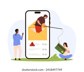 Fraud, cyber attack on personal financial information and account. Thief from open letter on mobile phone screen holding fishing rod to catch credit card from tiny people cartoon vector illustration