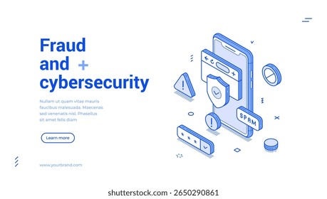Fraude segurança cibernética proteção contra vírus spam contorno isométrico web banner design modelo vetor ilustração. Página inicial do aplicativo móvel de garantia de segurança de verificação de acesso à senha segura da Internet