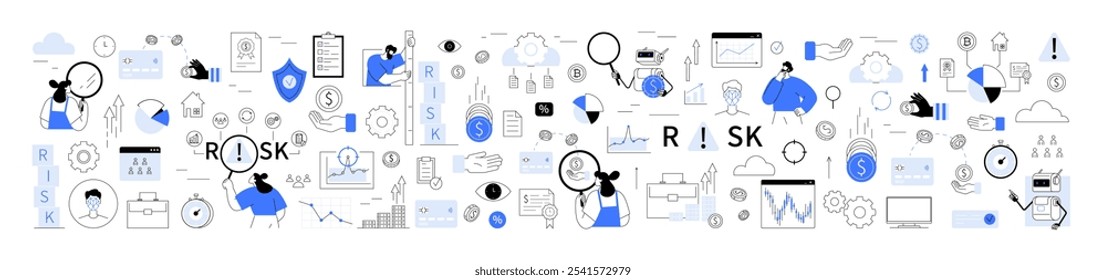 Detección de fraudes, negociación algorítmica, calificación crediticia. Iconos de datos, gráficos de negocios. Ideal para análisis de riesgos, seguridad de datos, estrategia de negocio, análisis, planificación de inversiones, consultoría de ciberseguridad