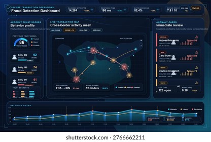 Fraud detection dashboard with cross-border transaction activity map, anomaly review cards, trust scores, and risk chart
