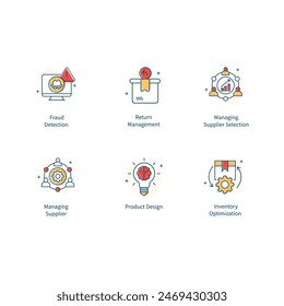 Fraud Detection, Return Management, Managing Supplier Selection, Managing Supplier, Product design, Inventory Optimization, Vector Icon Set