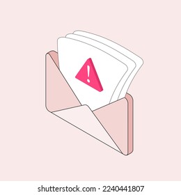 Fraud Email spam concept. Phishing scam fraudulent and spoofing e-mail text messages. Malware spreading virus, email spam distribution messages with envelope. Outline flat design isometric vector icon