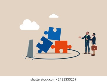 Fraud and failure business. Jigsaw puzzle elements theft. Thief sawing the floor to make cooperation collapse falling down. Flat vector illustration.