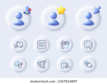 Fraud, Filter and Video conference line icons. Placeholder with 3d cursor, bell, star. Pack of Question mark, Recovery data, Customer satisfaction icon. Touchscreen gesture, Lock pictogram. Vector