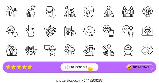 Fraud, Freezing Klicken und Venen Line Icons für Web App. Pack von Diskriminierung, Einkommensgeld, Vorarbeiter Piktogramm-Icons. Ab Testen, Lächeln, Gesicht suchen Zeichen. Technische Dokumentation. Suchen Bar. Vektorgrafik