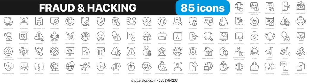 Fraud and hacking line icons collection. Hacker, crime, server, cyber security icons. UI icon set. Thin outline icons pack. Vector illustration EPS10