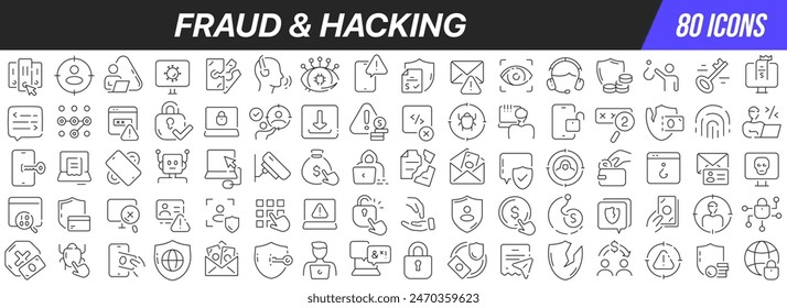 Betrug und Hacking Line Icons Kollektion. Großes UI-Symbol in einem flachen Design gesetzt. Dünne Kontursymbole packen. Vektorillustration EPS10