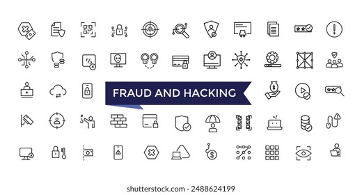 Conjunto de iconos de línea de fraude y hackeo con colección de trazo editable para Web e interfaz de usuario. Paquete de iconos de línea. Ilustración vectorial.