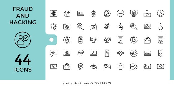 Ícones de linha de fraude e hackers definidos. Ícone de IU grande definido em um design plano. Pacote de símbolos de estrutura de tópicos fina. Editável e pixel perfeito.
