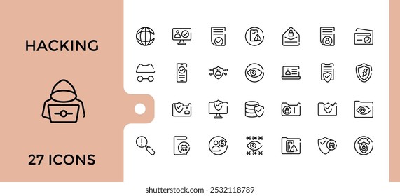 Ícones de linha de fraude e hackers definidos. Ícone de IU grande definido em um design plano. Pacote de símbolos de estrutura de tópicos fina. Editável e pixel perfeito.