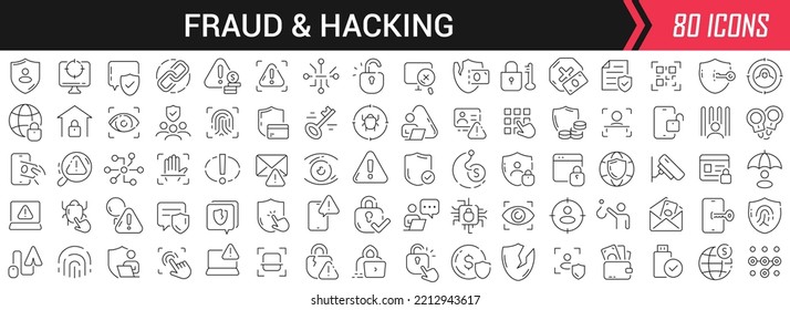 Fraud and hacking linear icons in black. Big UI icons collection in a flat design. Thin outline signs pack. Big set of icons for design