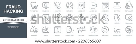 Fraud and hacking linear signed icon collection. Signed thin line icons collection. Set of fraud and hacking simple outline icons
