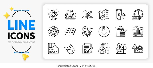 Fraud, Hydroelectricity and Santa sack line icons set for app include Private payment, Card, Shopping bags outline thin icon. Download arrow, Deckchair, Bread pictogram icon. Vector