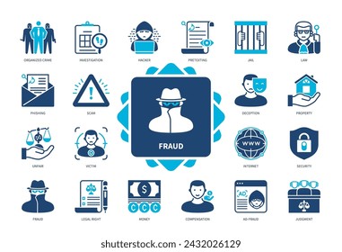 Symbol für Betrug gesetzt. Täuschung, Recht, Internet, Sicherheit, Eigentum, Betrug, Opfer, organisierte Kriminalität. Zweifarbige Volltonsymbole