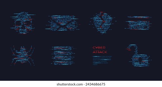 Fraud icons. Abstract digital hacker icon set in futuristic glowing dots style. Skull, bag, unlock, data server, broken shield, and bank card with red glitch dangerous particles. Vector illustration.