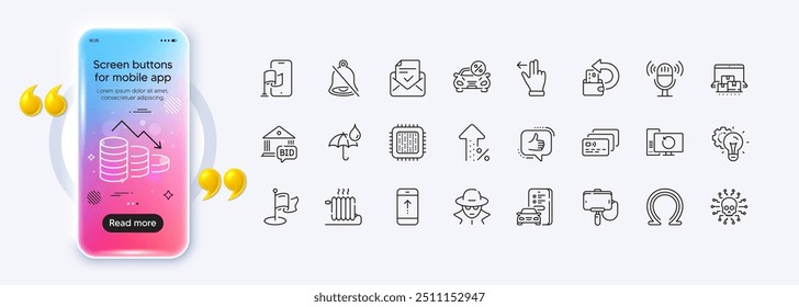 Fraude, porcentaje creciente e íconos de línea de engranaje de idea para App de Web. Pantalla de degradado de maqueta de teléfono. Paquete de paraguas impermeable, radiador, iconos del pictograma del hito. Vector