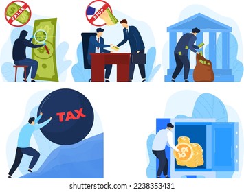 Fraud man, financial contract, scam cash, hacking stealing currency isolated on white, design, flat style vector illustration.