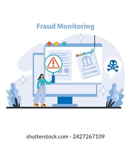 Fraud Monitoring Concept. Advanced protection against financial crime with real-time fraud surveillance. Keeping accounts secure and trustworthy. Flat vector illustration.