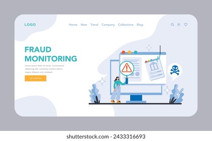 Fraud Monitoring web or landing page. Advanced protection against financial crime with real-time fraud surveillance. Keeping accounts secure and trustworthy. Flat vector illustration.