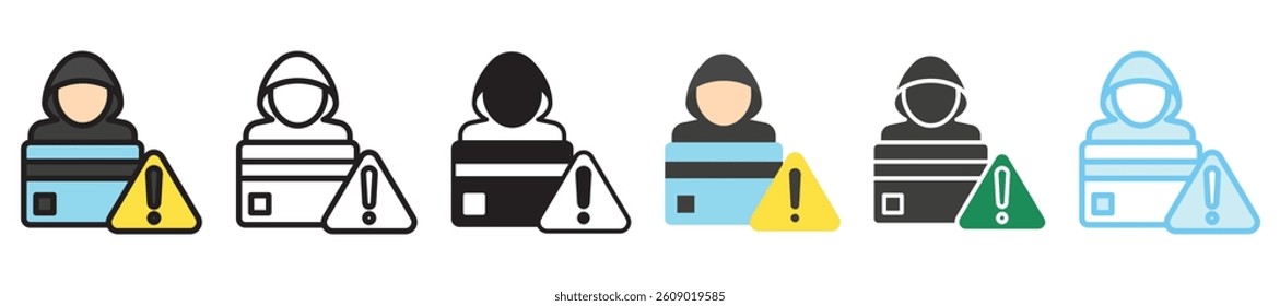 Fraud multi style, mini illustration icon set. outline, flat, glyph, line color, UI, UX, app and web, digital or print. vector EPS 10 related to payment service, economy, ecommerce, market