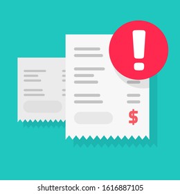 Fraud payment rejected notice, tax debt pay declined caution notification vector flat, unpaid due bill invoice receipt exclamation alert, transaction verification, fine repay bad money transfer