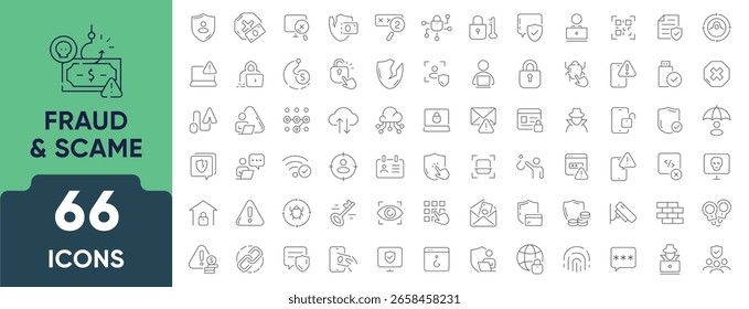 Conjunto de iconos de línea de fraude y phishing. Conjunto de 66 iconos de esquema que ilustran estafas en línea, robo de identidad, fraude de correo electrónico, phishing y engaño de cibercrimen. Trazo editable. Ilustración vectorial lineal.