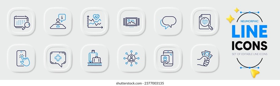 Fraude, toque de teléfono e iconos de línea de marcado de Pin para aplicación web. Paquete de chat médico, burbuja de llamadas, iconos de pictograma de red. Gráfica analítica, entrenamiento cardiovascular, señales de carrusel de imágenes. Entrevista. Vector