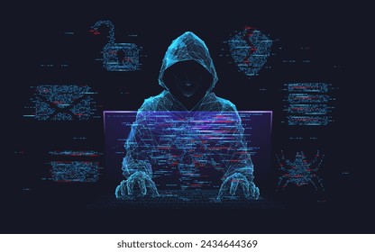 Fraud or scam background. Abstract hacker behind the monitor hologram with programmer code. Cybercriminal icons on a background. Cyber attack, computer hack, cybersecurity concept. Vector illustration