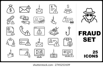 Fraud and Scam Line Icons Set Black and White Vector Pack for Phishing Identity Theft Cyber Security and Online Crime