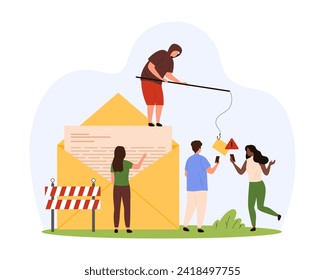 Fraud, scam and phishing with emails. Tiny thief sitting on giant open envelope to catch letter on fishing rod hook, people protect personal documents from cyber theft cartoon vector illustration