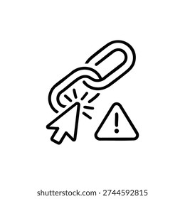 Fraud scam warning icon broken phishing link with mouse cursor and danger sign black and white vector illustration