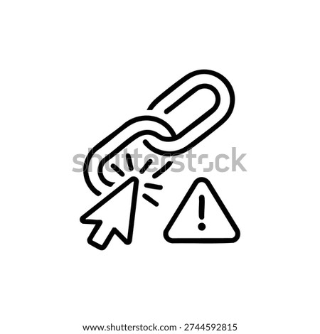 Fraud scam warning icon broken phishing link with mouse cursor and danger sign black and white vector illustration
