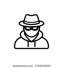 Fraud scammer icon black and white hacker avatar in mask and hat vector illustration for cybercrime security and identity theft concepts