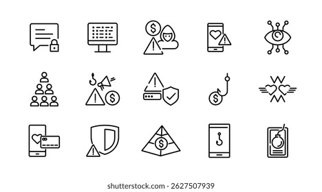 Fraud and scams line icon set. Cyber crime, web, virus, fraud, malware bug, scams, criminal, phone, server, folder, file, phishing, and cyber security outline vector icon. UI thin outline icon pack