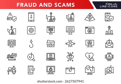 Fraud and scams line icon set. Cyber crime, web, virus, fraud, malware bug, scams, criminal, phone, server, folder, file, phishing, and cyber security outline vector icon. UI thin outline icon pack