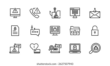 Conjunto de ícones de linha Fraude e golpes. Crime cibernético, Web, vírus, fraude, bug de malware, golpes, criminoso, telefone, servidor, pasta, arquivo, phishing e ícone de vetor de contorno de segurança cibernética. Pacote de ícones de estrutura de tópicos fina de interface do usuário