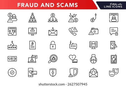 Conjunto de ícones de linha Fraude e golpes. Crime cibernético, Web, vírus, fraude, bug de malware, golpes, criminoso, telefone, servidor, pasta, arquivo, phishing e ícone de vetor de contorno de segurança cibernética. Pacote de ícones de estrutura de tópicos fina de interface do usuário