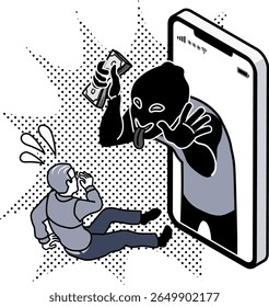 Cena de fraude - Homem idoso chocado, golpista rindo com dinheiro