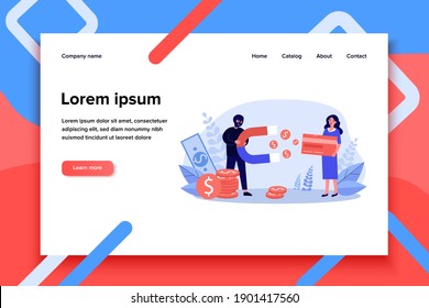 Fraud stealing money from credit card. Magnet, cash, hacker, tiny characters. Flat vector illustration. Crime, banking, security problem concept for banner, website design or landing web page