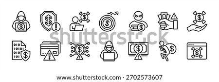 Fraud thin line icon set. Contains hacker, digital data phishing, money thief, scam, cyberspace risk, financial security alert, warning notification, crime, theft, cyber protection vector illustration