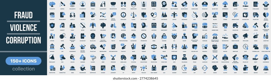 Fraud, violence and corruption icon collection in colored style. Set of fraud, violence, corruption, crime, security, danger and illegal activity icons
